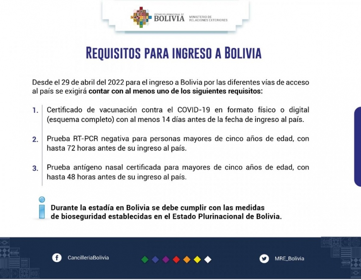 Cancillería del Estado fija requisitos anticovid para turistas extranjeros para ingresar a Bolivia