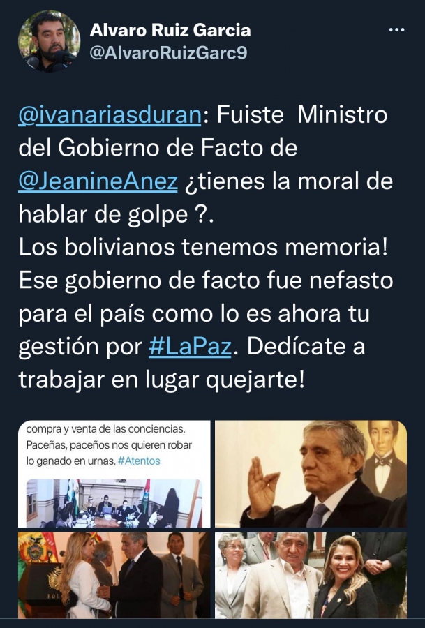 Viceministro de Autonomías Álvaro Ruiz, respondió a tuit del alcalde de La Paz Iván Arias le recordó que fue parte del gobierno Jeanine Áñez preguntó si ¿tiene moral de hablar de golpe?