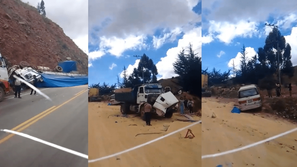 Múltiple accidente en carretera Cochabamba, Oruro y La Paz cargamento quedó esparcido por toda la carretera