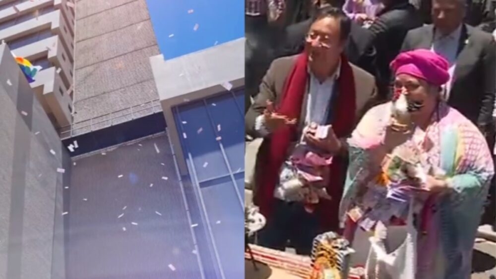 Lluvia de billetes, muchas personas recogían dinero de alasita lanzado desde el Banco Central de Bolivia